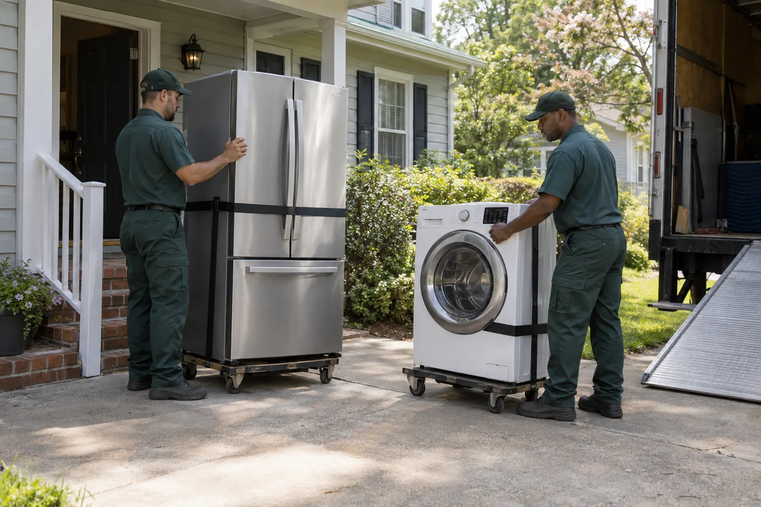 Appliances secured on dollies for removal from a home