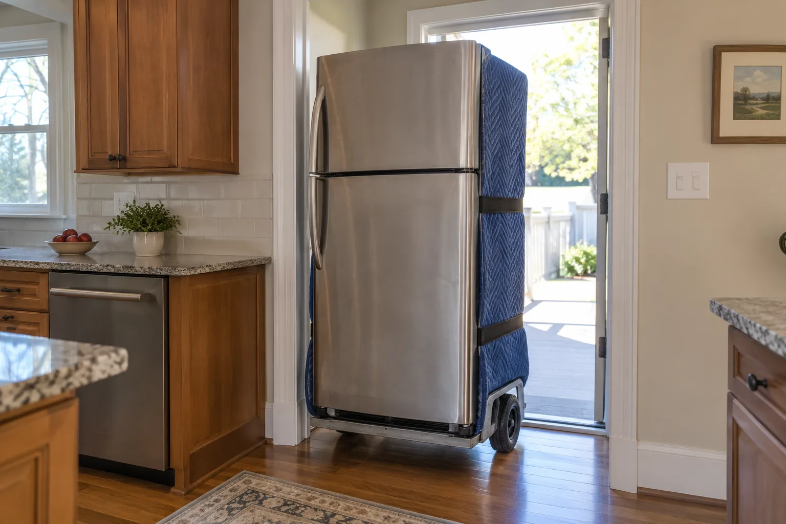Refrigerator positioned with a clear route through the kitchen
